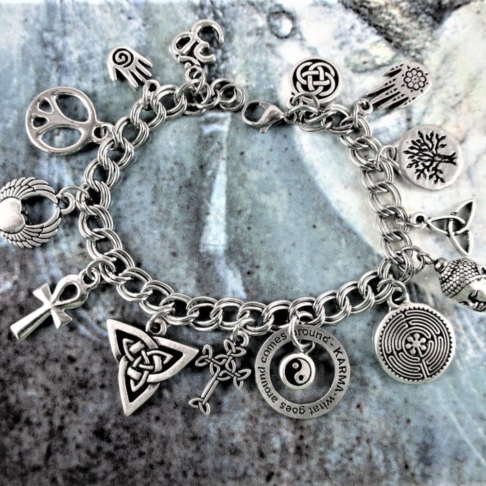 Ancient Religions Charm Bracelet Silver Coexist Believe Karma Triquetra Peace